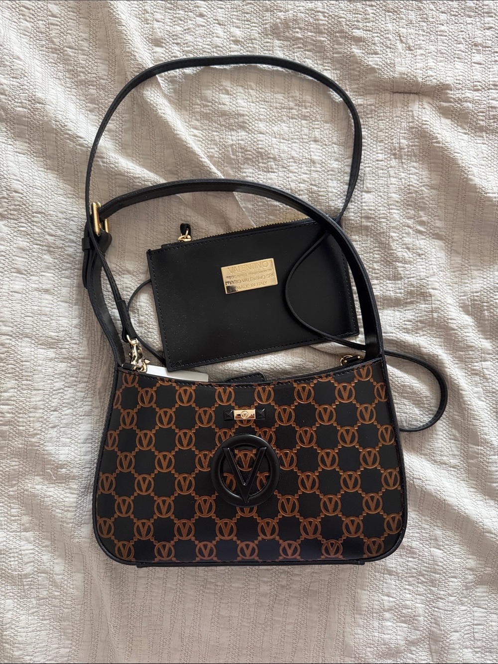Mario Valentino Black and Tan Logo Shoulder Bag with Coin Pouch